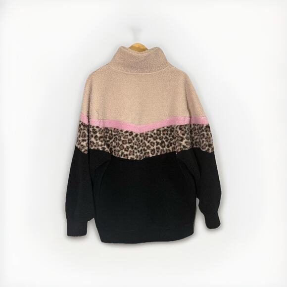 Buc-ee’s Women’s Large Sherpa Fleece Pullover Beige Pink Leopard Black Half Zip - Picture 2 of 8
